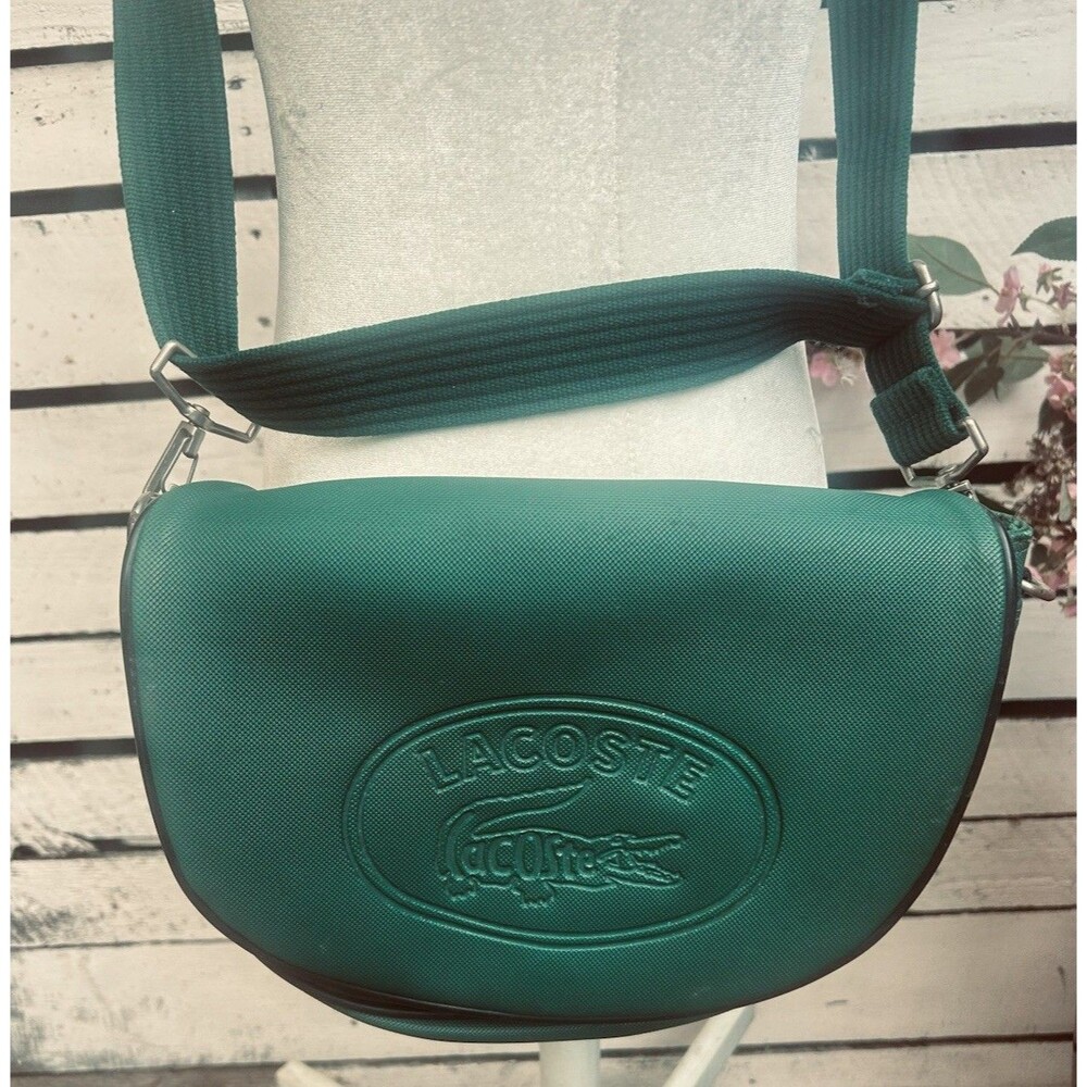 Vintage Chemise Lacoste Handbag Green Coated Canvas Crossbody Saddle Bag 80s 90s